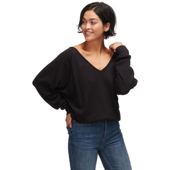 Free People Women's Santa Clara V-Neck Pullover Thermal Top Black Small NWT - Picture 1 of 6
